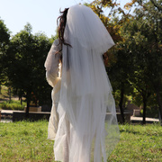 结婚头纱拍照道具新娘主婚纱中长三层齐地纱领证超仙森系裸纱复古