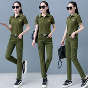 军绿色休闲运动套装女夏季时尚洋气减龄POLO领短袖T恤长裤两件套