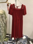 2024夏季中长款红色泡泡，袖连衣裙法式方领钉珠，收腰显瘦礼服裙