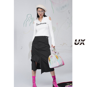UX2024春季美式ins白色短款设计感立领露肩毛针织衫长袖