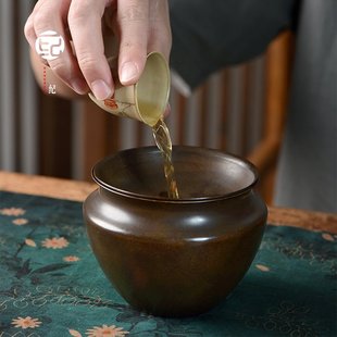 手工复古铜建水茶洗茶渣缸水盂茶盂带盖茶，水缸水洗茶具功夫茶配件