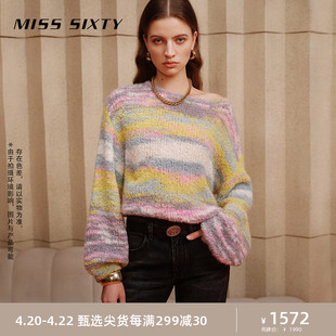 Miss Sixty2023冬季针织衫女圆领减龄氛围感灯笼袖毛衣彩色
