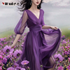 紫色高级感雪纺连衣裙，女2024夏季洋气，减龄飘逸裙子设计感长裙