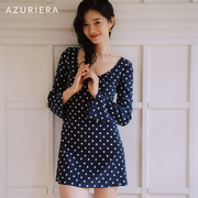 AZURIERA法式复古波点深蓝色长袖连衣裙弹力真丝双绉深U领优雅