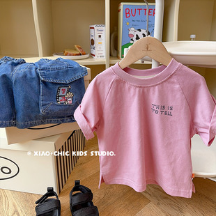 粉色男孩~儿童夏装字母印花短袖，t恤男童，纯棉圆领半袖宝宝薄款上衣