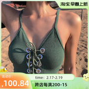 世可儿复古绿色韩国ins小胸保守绑带高腰遮肚夏天显瘦连体泳衣女