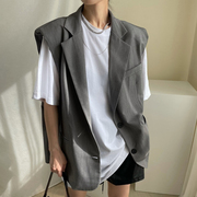 韩国chic夏季简约圆领套头宽松短袖，t恤+复古翻领，两粒扣西装马甲女
