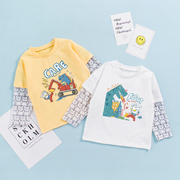 男童夏季t恤长袖儿童打底衫洋气宝宝假两件男孩超人怪兽图案衣服