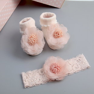 秋冬婴儿新生儿宝宝公主满月礼物，婴幼儿儿童发带防滑袜子套装