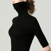 高领薄款五分袖毛衣女修身堆领半袖上衣秋冬紧身长袖针织打底衫黑