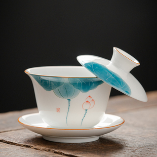 羊脂玉手绘悬停盖子碗茶杯泡茶碗白瓷悬浮三才敬茶碗单个陶瓷茶具