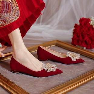秀禾婚纱两穿鞋低跟结婚鞋女2023年平底粗跟红色鞋新娘鞋孕妇