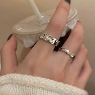 银色素圈锆石开口戒指套装女冷淡风气质情侣指环时尚个性ins风