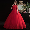 160斤大码显瘦一字肩，红色婚纱礼服新娘结中轴，齐地公主简约春