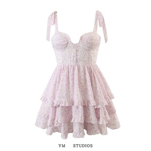 欧美女装公主系粉色碎花叠层饰吊带裙修身小个子女生连衣裙夏