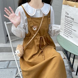 娃娃领长袖衬衫背带裙，两件套装2024秋季甜美可爱学院风连衣裙