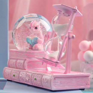 粉色博学书本八音盒水晶球1530min旋转沙漏，计时器少女生日礼物