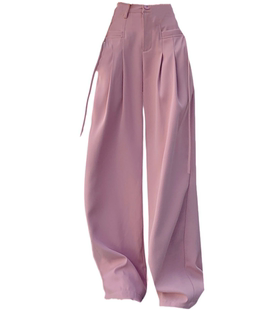 地球店 粉红色宽松阔腿休闲裤女秋季垂感高腰西装长裤子小个子