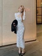 新中式旗袍白色长袖蕾丝连衣裙，女秋冬修身内搭打底性感包臀长裙子