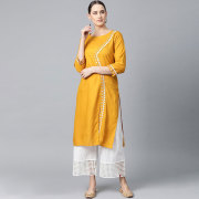 印度进口女装纯棉刺绣上衣，圆领七分袖多开衩薄款姜黄色(姜黄色)秋季