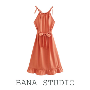 BANA外贸法式橘色挂脖连衣裙女夏季荷叶边系带收腰无袖小个子短裙