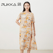 蒲PUKKA 女装夏装亚麻文艺复古定制印花显瘦短袖连衣裙