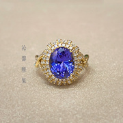 沁馨雅集原创设计天然5A坦桑石18k黄金钻石戒指全净体复古蓝紫色