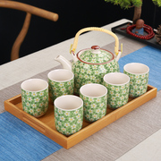 大号提梁壶茶具套装，家用酒店餐厅陶瓷复古青花，茶壶茶杯整套带托盘