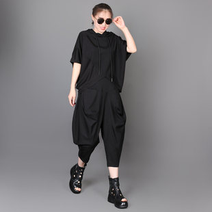福气夏韩版潮流款个性女士套装，连帽蝙蝠袖短袖，t恤七分灯笼裤