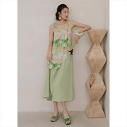 弥古绿色水墨吊带裙中国风天丝，连衣裙油画长裙，女夏海边度假沙滩裙