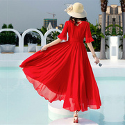 高货速发2024夏季沙滩长裙红色雪纺连衣裙女长款大摆显瘦超长