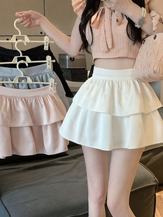 粉色蓬蓬蛋糕短裙女夏季高腰，显瘦a字，荷叶边伞裙小个子百褶半身裙
