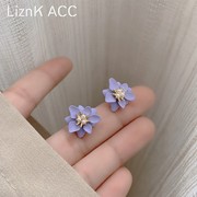 s925银针紫色花朵珍珠耳钉女夏独特小众设计感耳环2021年潮