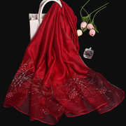 杭州品牌真丝羊毛混纺精致绣花女长款丝巾经典素雅围巾酒红色