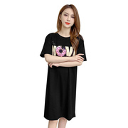 2024夏季韩版连衣裙女装宽松中长款短袖T恤裙黑色显瘦大码裙