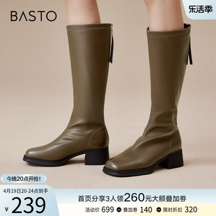 百思图2023冬季时尚西部骑士靴粗跟女棕色，长筒靴子md352dg3