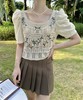 金属丝布拼接短袖刺绣镂空钩花女装上衣女装大码百搭套头外搭夏季