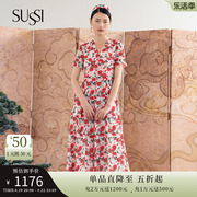 SUSSI/古色23夏季红色雪纺印花短袖碎花连衣裙中长款女