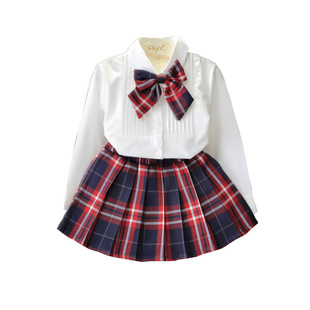 2021秋季 韩版儿童校服裙子纯色衬衫加童装格子女两件套套装