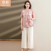 中年妈妈夏装时尚短袖上衣，套装40岁中国风，减龄雪纺t恤小衫两件套