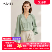 Amii2022年春V领双排扣碎褶灯笼袖雪纺衫女气质小衫时髦上衣