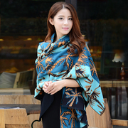 韩版女士秋冬保暖大披肩围巾，两用超长竹棉加厚拉绒围巾蓝色椰子树