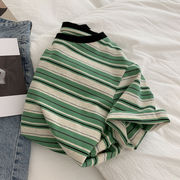 超大码2-300斤复古绿色条纹短袖T恤韩版宽松情侣衫学生圆领上衣夏