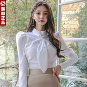 韩国高端女时尚气质白色衬衫上衣修身长袖领结衬衣女人味