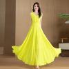 黄色夏季连衣裙长款大摆柠檬色清新雪纺沙滩裙飘逸垂度，透气显瘦裙