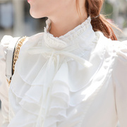 高货女式白衬衫长袖雪纺衬衫花边立领大码打底白衬衣上衣