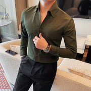 时尚v领长袖衬衫英伦，修身男士商务休闲衬衣纯色，高级感百搭上衣服