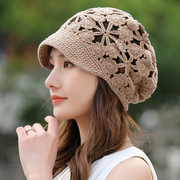 帽子女春夏季手工针织钩花帽短檐镂空遮白发帽薄款编织洋气包头帽