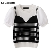 拉夏贝尔/La Chapelle假两件吊带短袖针织衫女夏季复古泡泡袖上衣