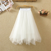 韩国白色不规则半身裙，纱裙女秋冬高腰，显瘦蓬蓬裙中长款网纱裙